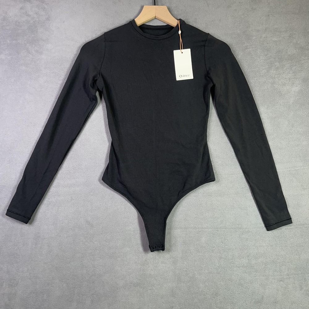 Quince Organic Cotton Long Sleeve Bodysuit Womens XS Black Crewneck Thong NWT